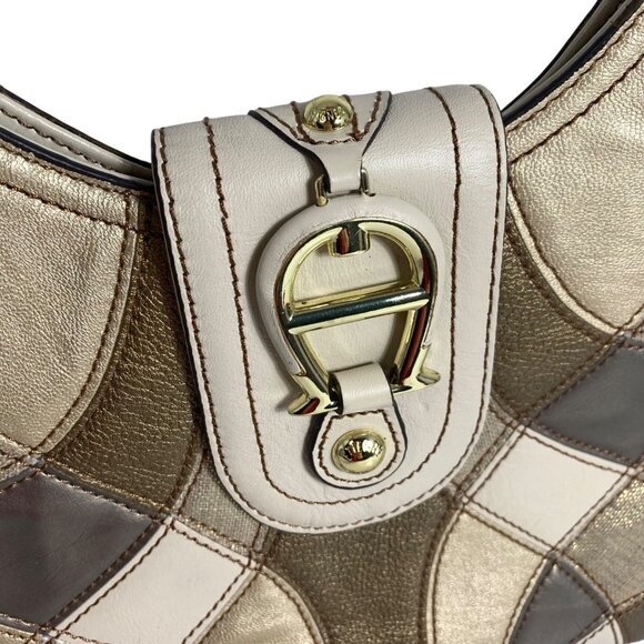 VTG ETIENNE AIGNER Large Patchwork Leather Handbag Gold Accent, Snap Closure EUC - Picture 2 of 13